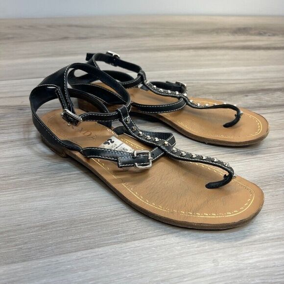 Prada Women's Authentic Calzature Donna Studded Sandals Black Size 36.5 US 6.5 - Picture 1 of 13